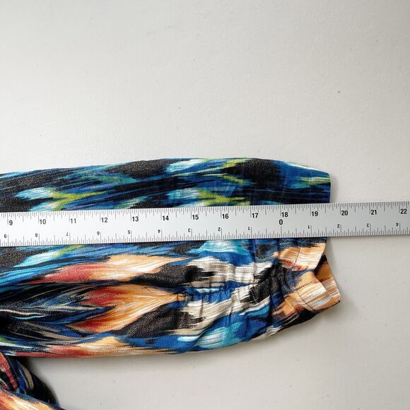 Chicos Linen Blend Ruched Sleeve Jacket Size L Ikat Print Blue Metallic Collared - Picture 12 of 12